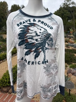 Double D Ranch Lng Sleeve brave and proud American Tee Top M Western V Neck