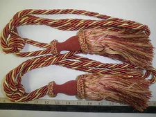 2  DRAPERY TIE-BACKS  w/ 8" Tassel ORANGE- RED/GOLD/OFF-WHITE   Curtain Trim Q