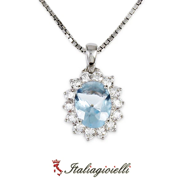 Sfarzosa Collana Brillante con Acquamarina in Argento 925 Rodiato Oro Bianco - Immagine 3 di 4