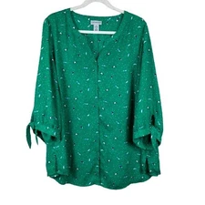 Catherine’s Green Whimsical Umbrella Button Down Top Size 1X Cottagecore