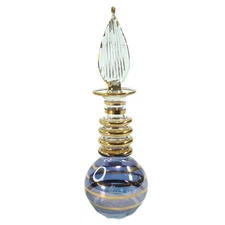 Egyptian Perfume Bottle 3.5" Blown Glass Blue & Gold Plate Paint w Spiral Dauber