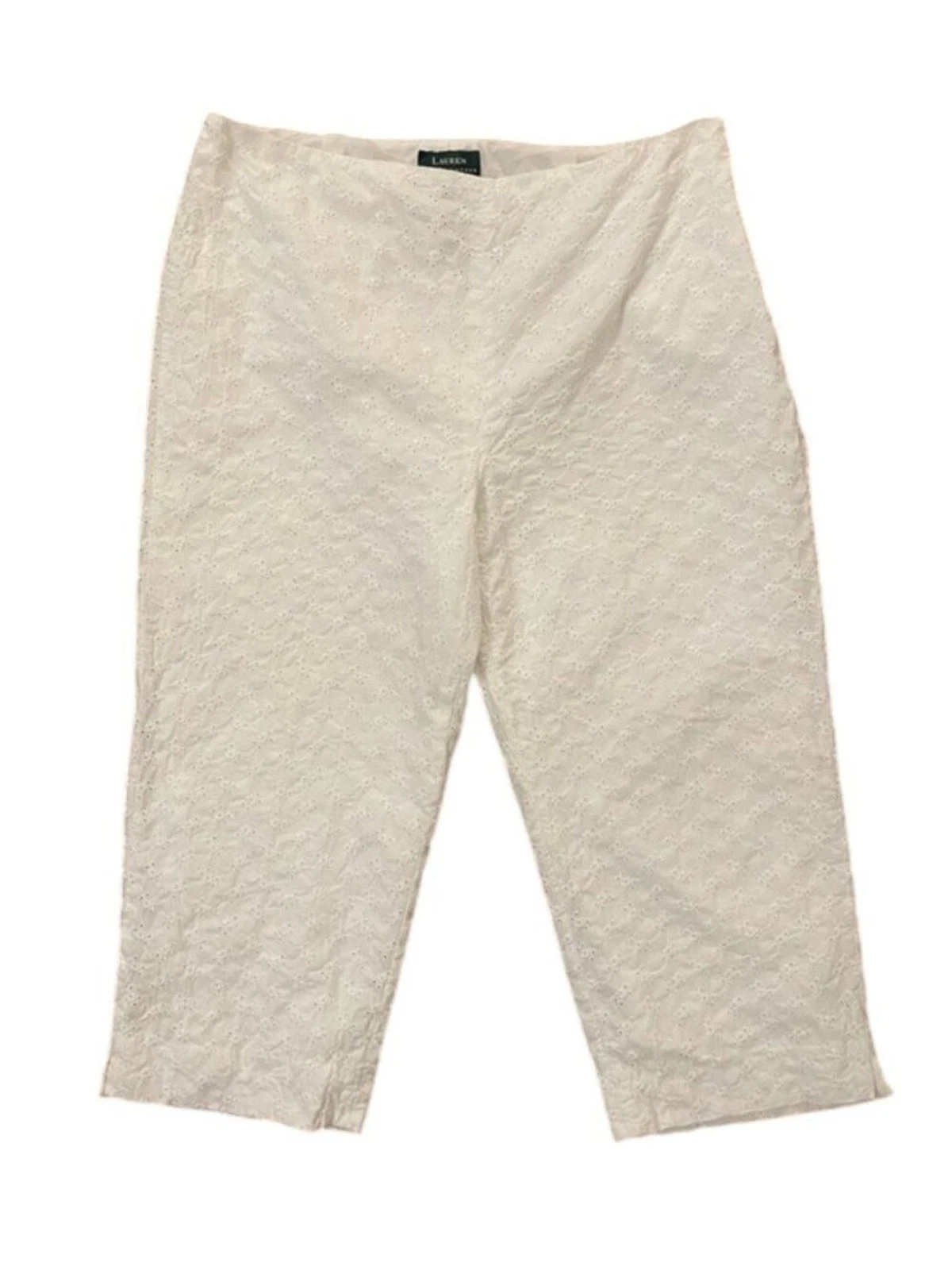 Lauren Ralph Lauren White Eyelet Capri Pants Womens Size 14 100% Cotton Lined
