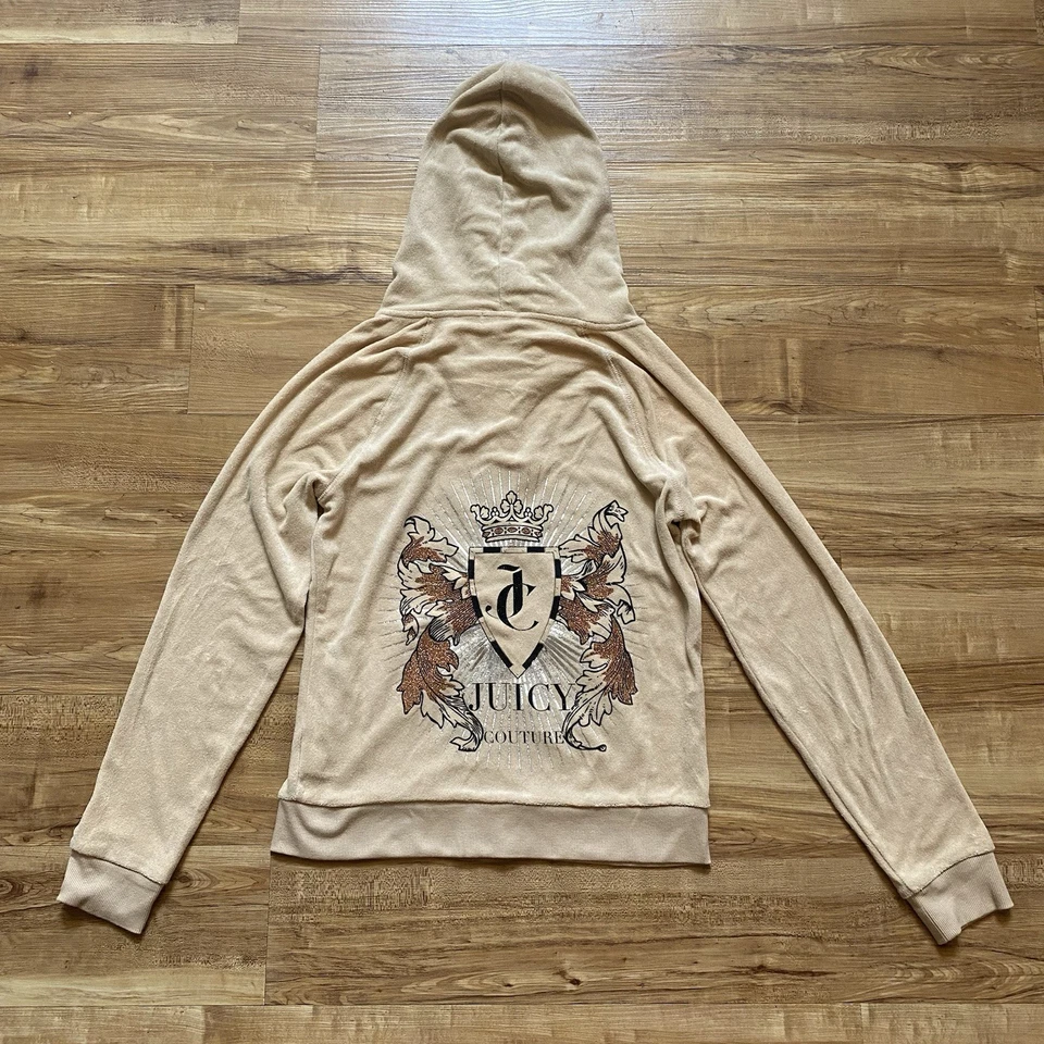 VTG Y2K Juicy Couture M Tan Rhinestone Velour Hoodie Track Jacket Sparkle Art - Image 3 of 4