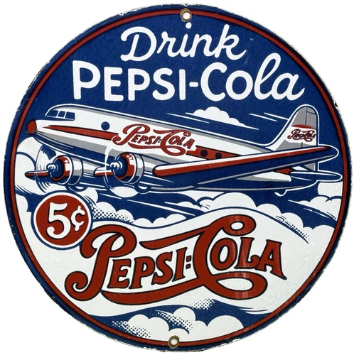 VINTAGE PEPSI COLA PORCELAIN SIGN GAS STATION BOTTLE COKE COCA DEW A & W OIL