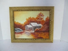 Oil Painting w/ Gold Frame, The Old Mill Water Wheel in Autumn Vintage Painting