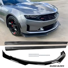 For 2016-24 Chevy Camaro 1LE Style Glossy Black ABS Front Bumper Lip Side Skirt