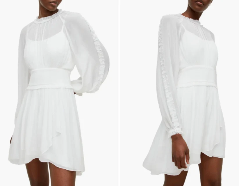 ALLSAINTS Off White Thallo Ruffle Orlo Lungo Manica a Palloncino Hi Lo Mini Abito 2 XS