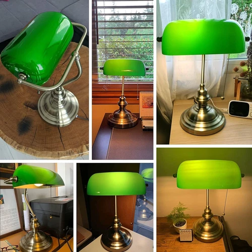 Traditional Green Banker Desk Lamp Pull Chain Switch Glass Light Satin Brass - Picture 4 of 10