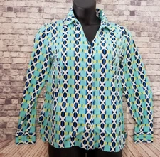 DANA BUCHMAN NOTCHED V HALF BUTTON DOWN long SLEEVE stretch TOP L -a10