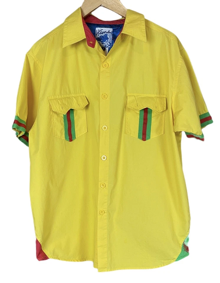 HAMA MENS BUTTON DOWN YELLOW W/MULTI COLORS EMBROIDERED SHORT SLEEVE SLEEVE LRGE - Image 3 of 4