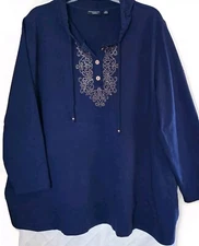 Women's 3X Blue Pullover Hoodie Top Susan Graver Tunic Copper Accents NEW Plus 