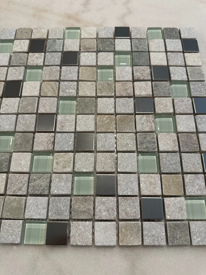 1"x1" Stone, Metallic, and Glass Mix Mosaic Stacked Meshed Mounted - Image 2 of 4