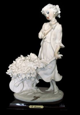 VTG G Armani Capodimonte Lady w/ Flower Cart Rare White Figurine Italy 1988 Mint