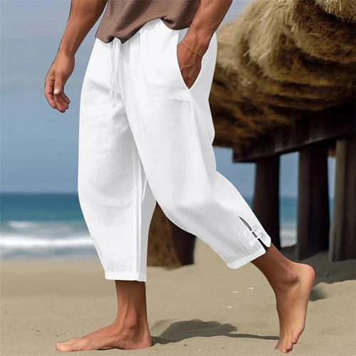 Men's Summer Cotton Linen Drawstring 3/4 Length Pants Casual Baggy Capri Shorts - Bild 37 von 39