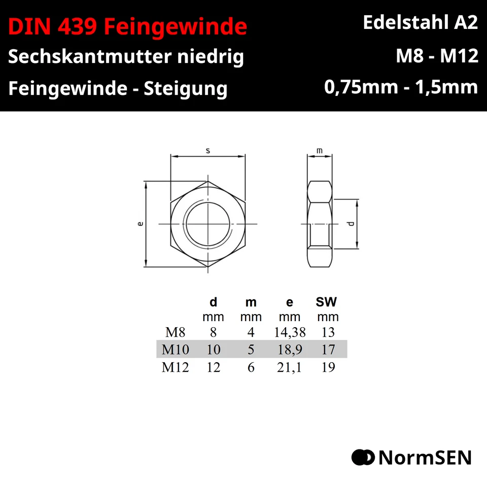 Sechskantmutter FEINGEWINDE niedrig flach DIN 439 Edelstahl A2 V2A M8 M10 M12 - Bild 2 von 4
