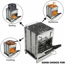 Portable Folding Stainless Steel Stove Outdoor Camping BBQ Wood Burning Stove