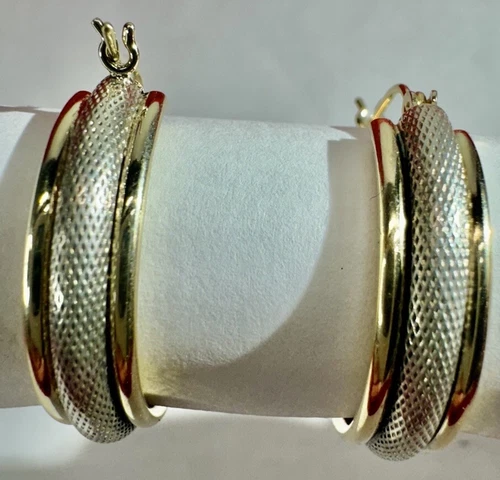 Vintage PAIR 14K Solid Yellow & White Gold Two Tone Mesh Basket Hoop Earrings 1”