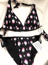 New 2 Pc SwimSuit Island World Apparel Sz  L(9-11 ) Black Splash Halter/ Tieside
