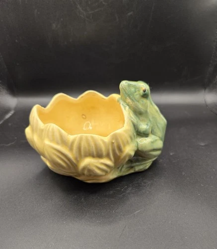 Vintage McCoy Frog Planter Bowl – Yellow Flower Shape – Marked McCoy – Good Cond