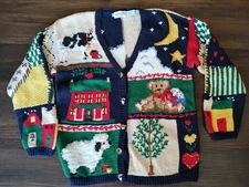 Vintage Eagles Eye 90s Hand Knit Cardigan Sweater Sz S Animals Farm...