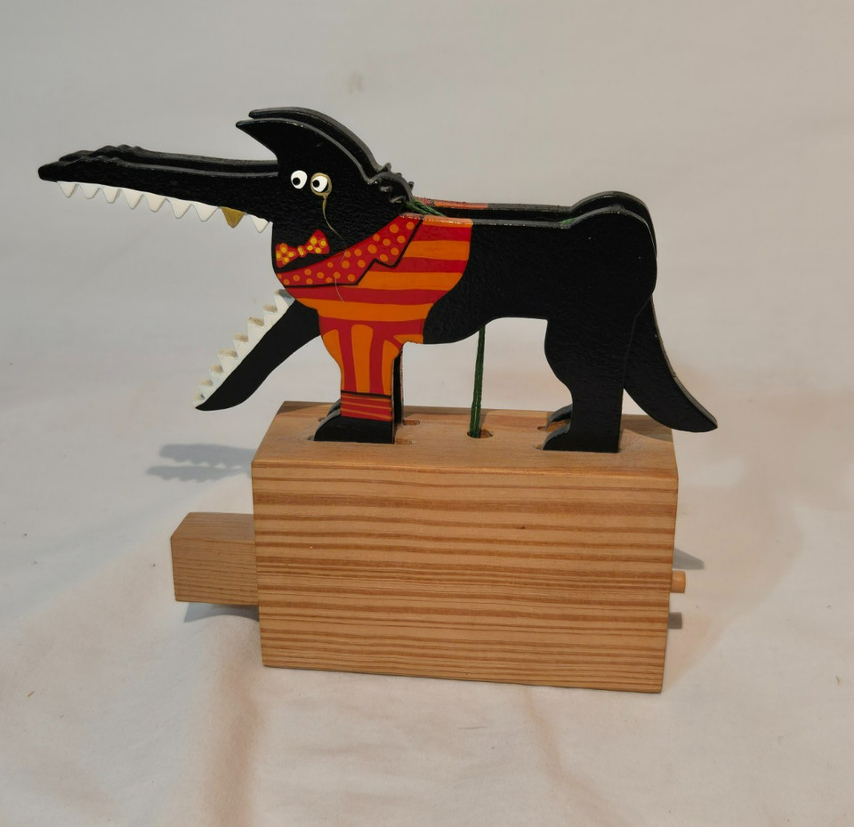 Vtg Hand Carved Wood Black Fox Wolf Automaton Push Pull Mechanical Moving Toy 6"