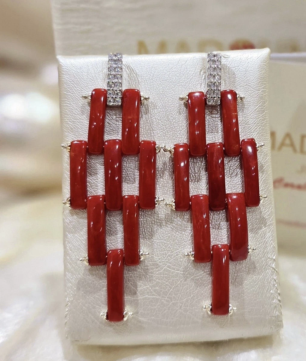 Orecchini Pendenti Artigianali In Argento 925 Con Corallo Rosso E Onice - Gioielli Donna Made In Italy Da Torre Del Greco, Unici