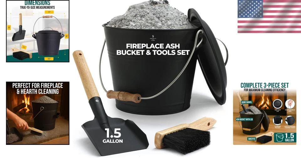 Elegante cubo de cenizas de 1,5 galones con tapa y herramientas de chimenea para limpiezas elegantes Foto 2 de 4