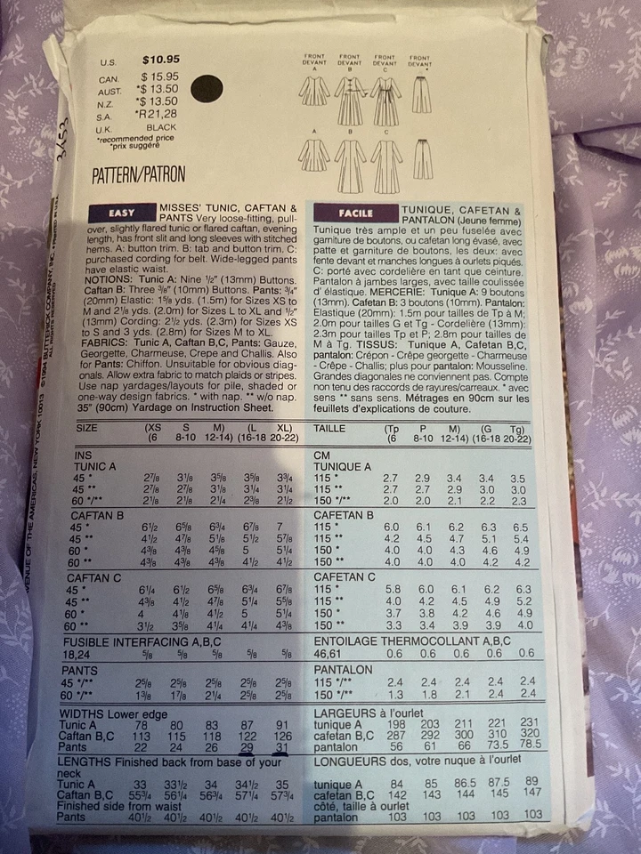 Butterick 3453 - Vintage 1994 Tunic Kaftan Trousers Sewing Pattern Size 16 to 22 - Image 2 of 3