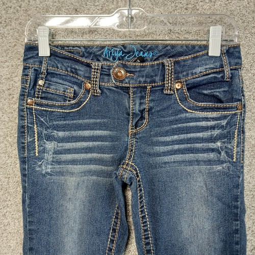 Ariya Jeans Jeans Girls 3/4 Blue Distressed Stretch Slim Straight Youth Denim - Picture 2 of 10