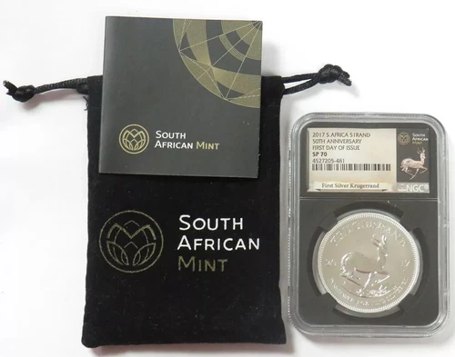 2017 SILVER SOUTH AFRICA KRUGERRAND 50th ANNIV NGC SP70 FIRST DAY OF ISSUE FDOI