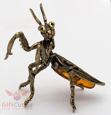 Solid Brass Amber Figurine of Praying Mantis Insect Totem talisman IronWork 