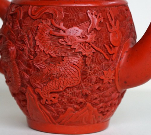 Artículo antiguo ~ Cinabrio real ~ Dragón doble tallado profundo ~ Sobre arcilla Yixing ~ Tetera - Imagen 8 de 11