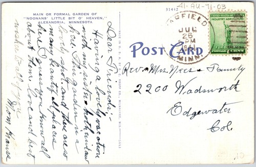 1941 Main Formal Garden Noonans Alexandria Minnestoa MN Posted Postcard - Picture 2 of 2
