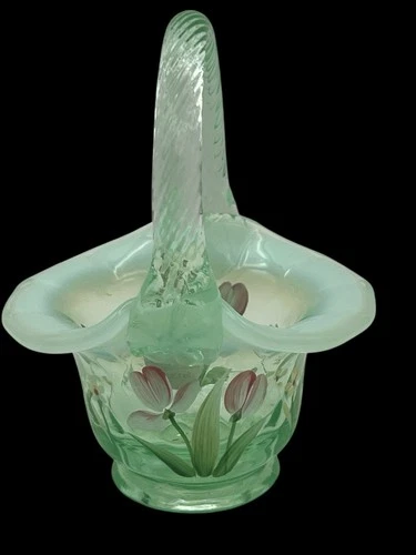Fenton Green Mini Opalescent Basket Signed Hand Painted Flowers Easter Spring