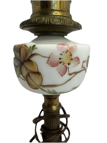 Vintage Hand Painted Milk Glass Converted Oil Lamp Floral Brass And Marble Base