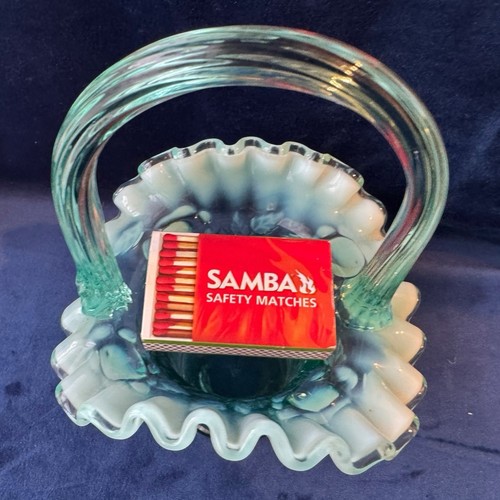 Vintage Fenton Turquoise Cabbage Rose Opalescent Glass Basket Manganese Glow VGC - Picture 10 of 13
