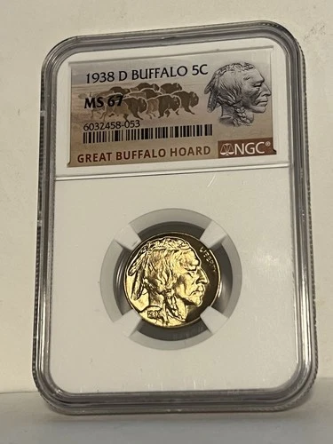 Buffalo Nickel: 1938 D.  BU!  NGC MS 67!  From the Great Buffalo Hoard