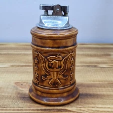 Vintage 70s Ceramic Table Lighter Artisan Signed Brown Black 4" Patriotic