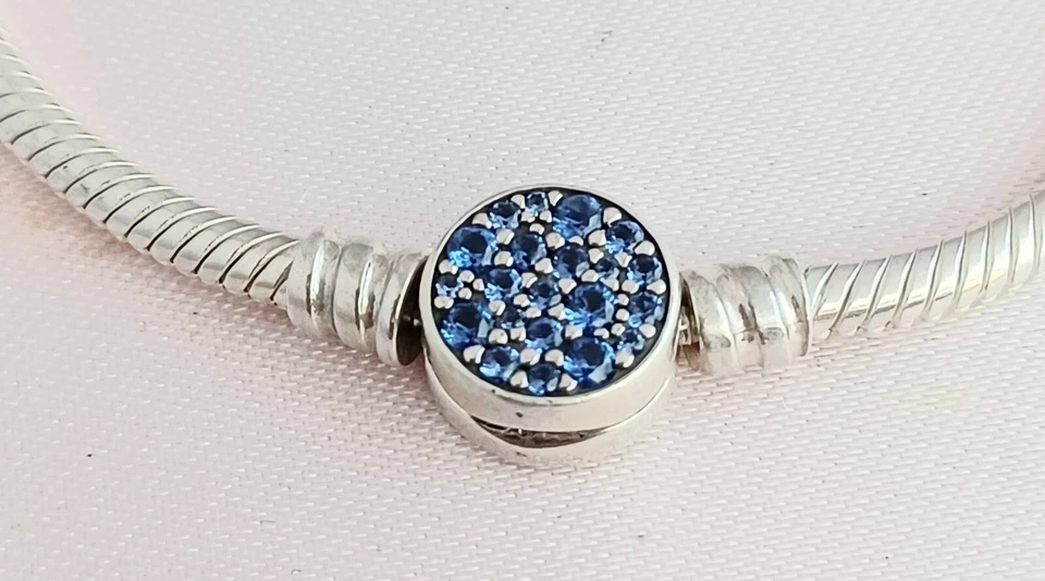 Authentic Pandora Sterling Snake Charm Bracelet with Blue Pave Sapphire Clasp - Image 4 of 4