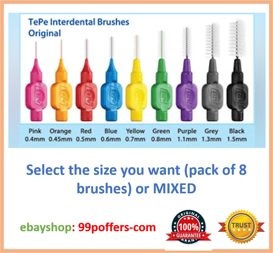TePe Interdental Brush (Pack of 8 Brushes) - Select Colour/ Size - Dental floss