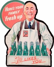 SEVEN UP 7UP SODA POP STORE EMPLEADO 20" RESISTENTE HECHO EN EE. UU. LETRERO PUBLICITARIO DE METAL