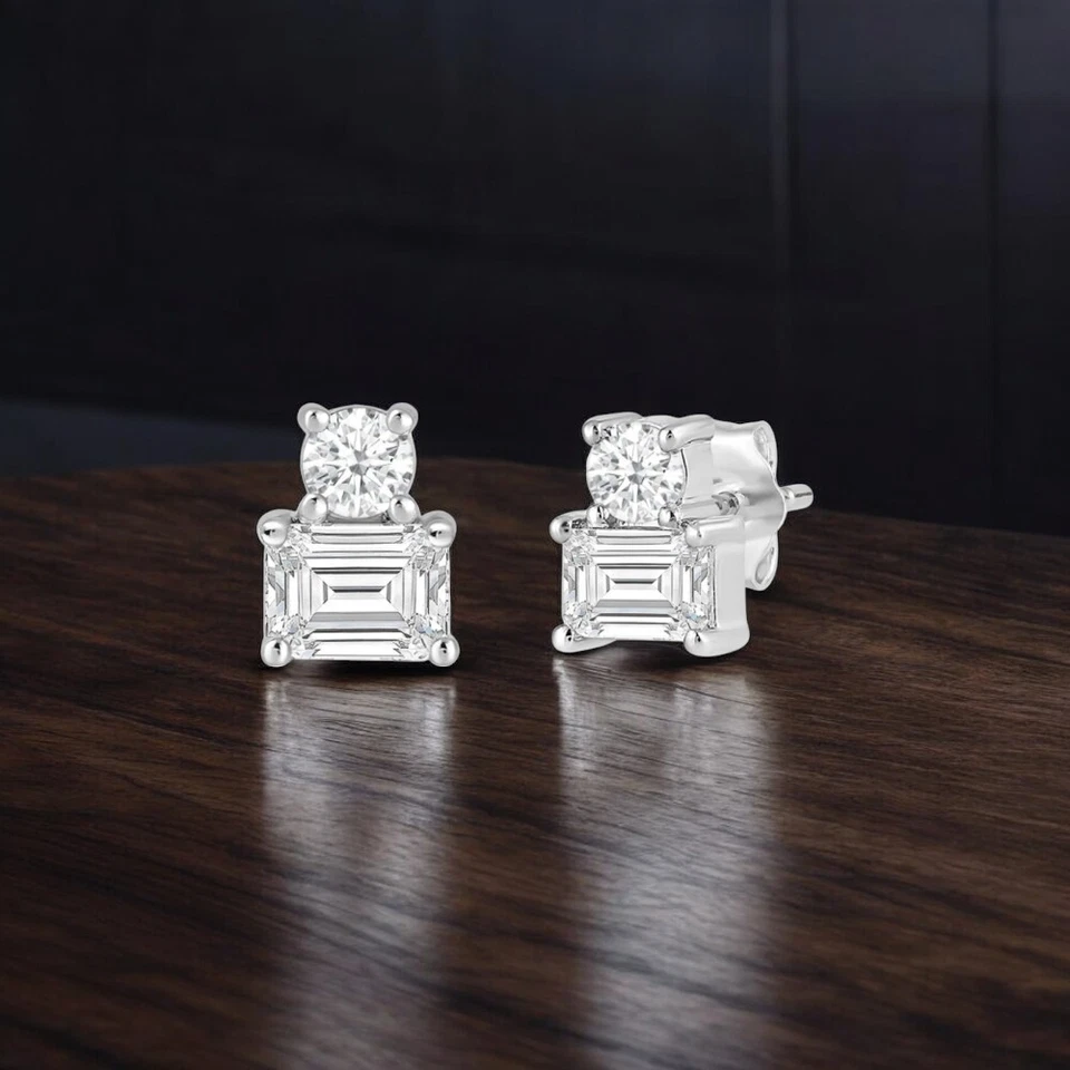 1,50 ct Lab Created Smaragd Runde Diamant TOI ET MOI Ohrstecker 950 Platin - Bild 3 von 4