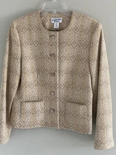 Vtg Pendelton Virgin Wool Basketweave Tweed Pattern Jacket, Tan/Cream/Yellow 14