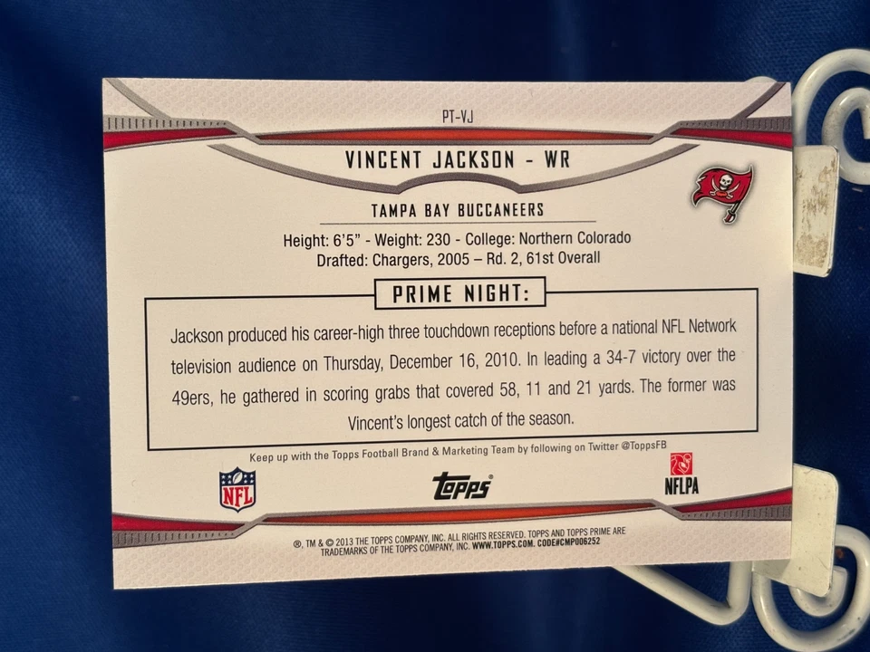 2013 Topps Prime Primetimers Vincent Jackson #PT-VJ Tampa Bay Buccaneers - Image 2 of 2