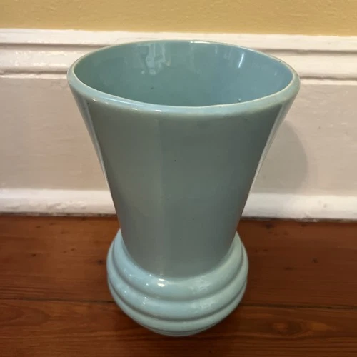 Vintage McCoy Pottery Vase Aqua Turquoise Blue Round Ridged Mid Century MCM
