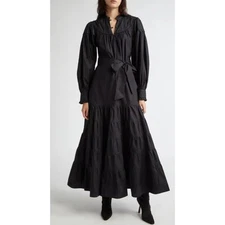 MILLE Ninette Tiered Long Sleeve Cotton Poplin Dress Maxi XS