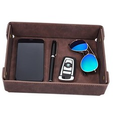 Faux Leather Valet Tray Organizer for Men - Catch-All Rectangle Coffee Brown
