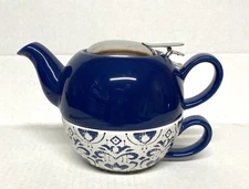 Certified International-Stackable Blue Teapot With Infuser And Matching Mug