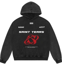 Saint Tears Acid Wash Unisex Pullover Oversized Hoodie Graphic Print Size: Large