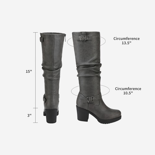 Women's Faux Fur Knee High Low Chunky Heel Zip Winter Riding Boots Size 5-11 US - Picture 5 of 11